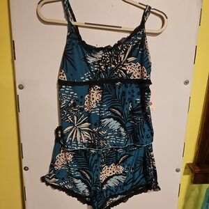 NWT Women's M(8-10) Secret Treasures Cami Pajama Tropical Teal Black Top shorts